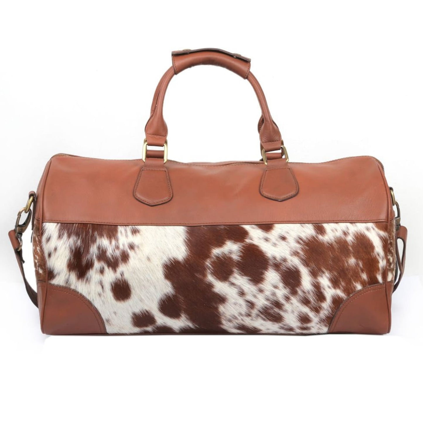 Brown White Cowhide Overnight Holdall Bag