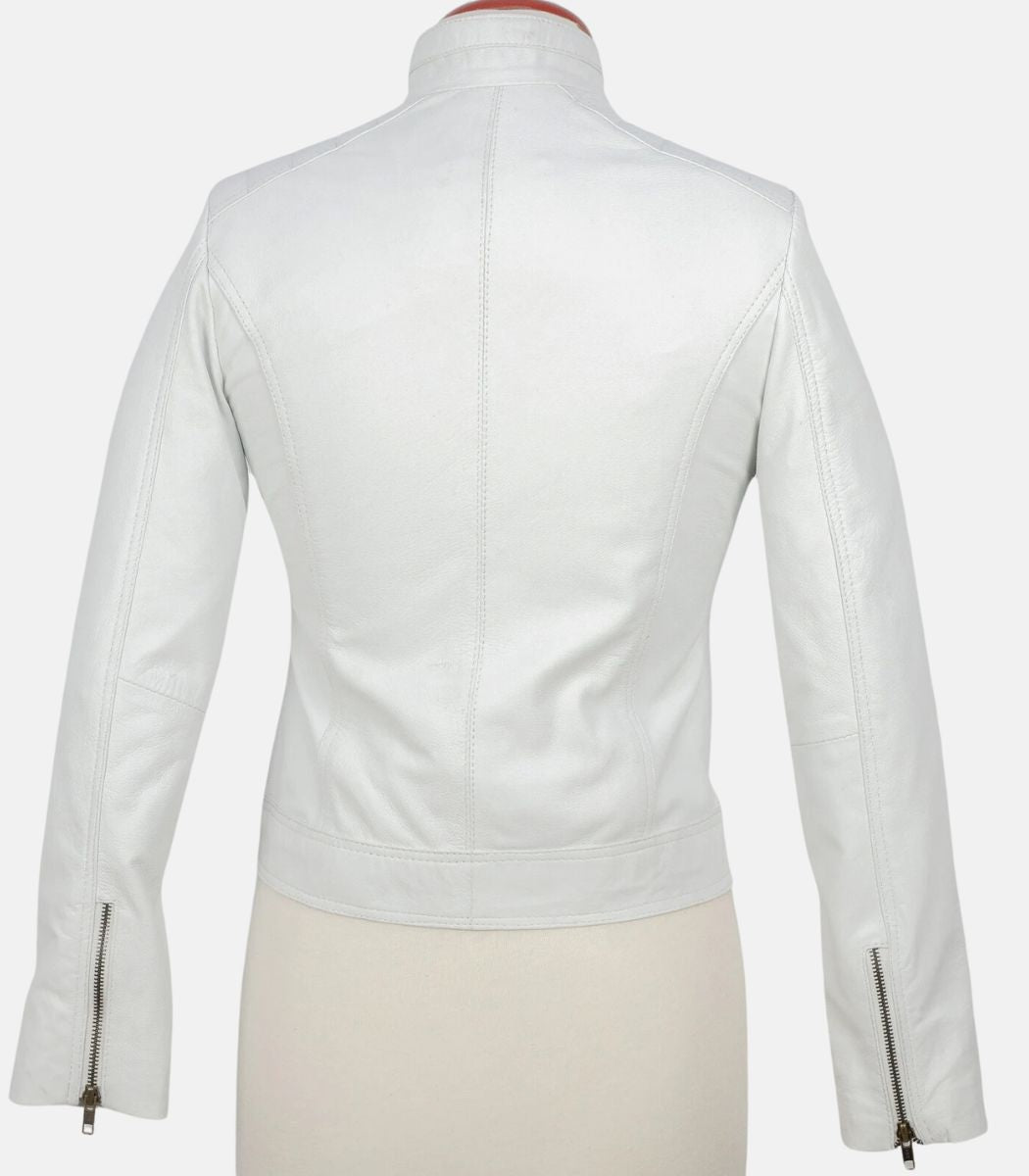 White Bomber Leather Jacket Women