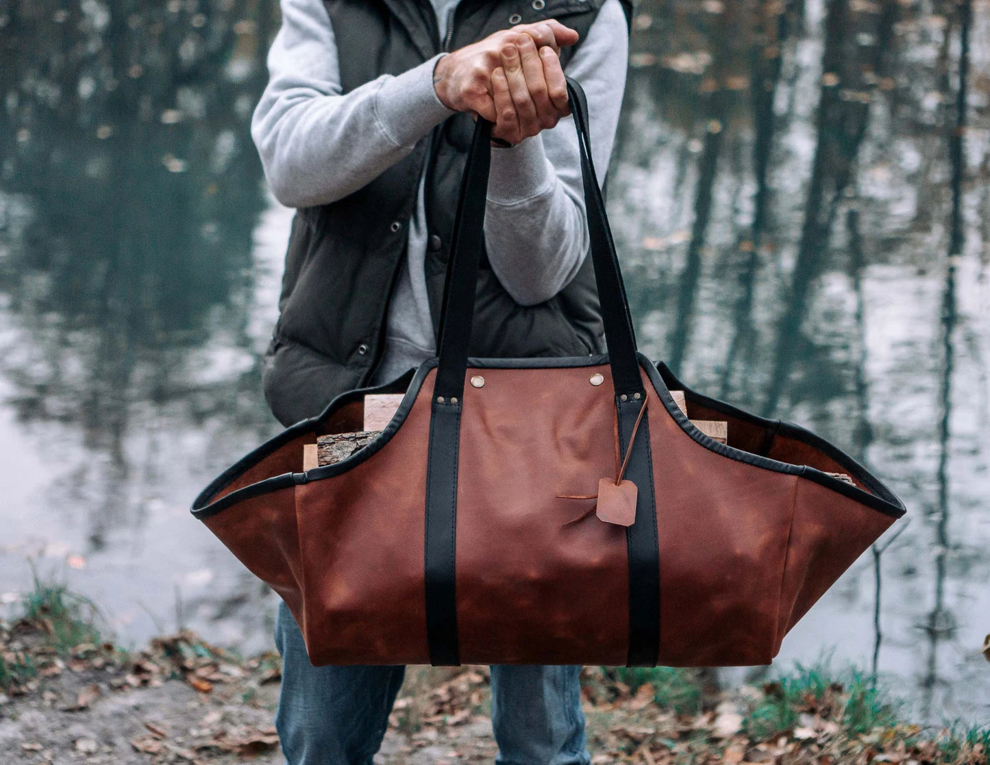 Genuine leather log carrier firewood bag