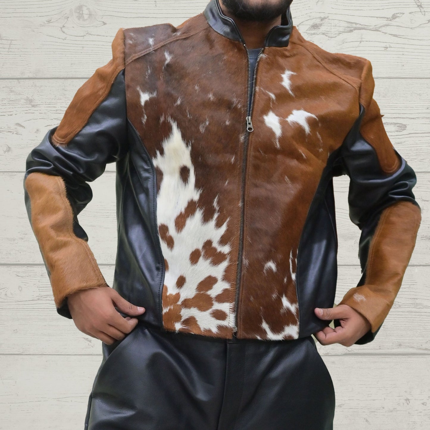 Leather Cowhide Jacket Brown White