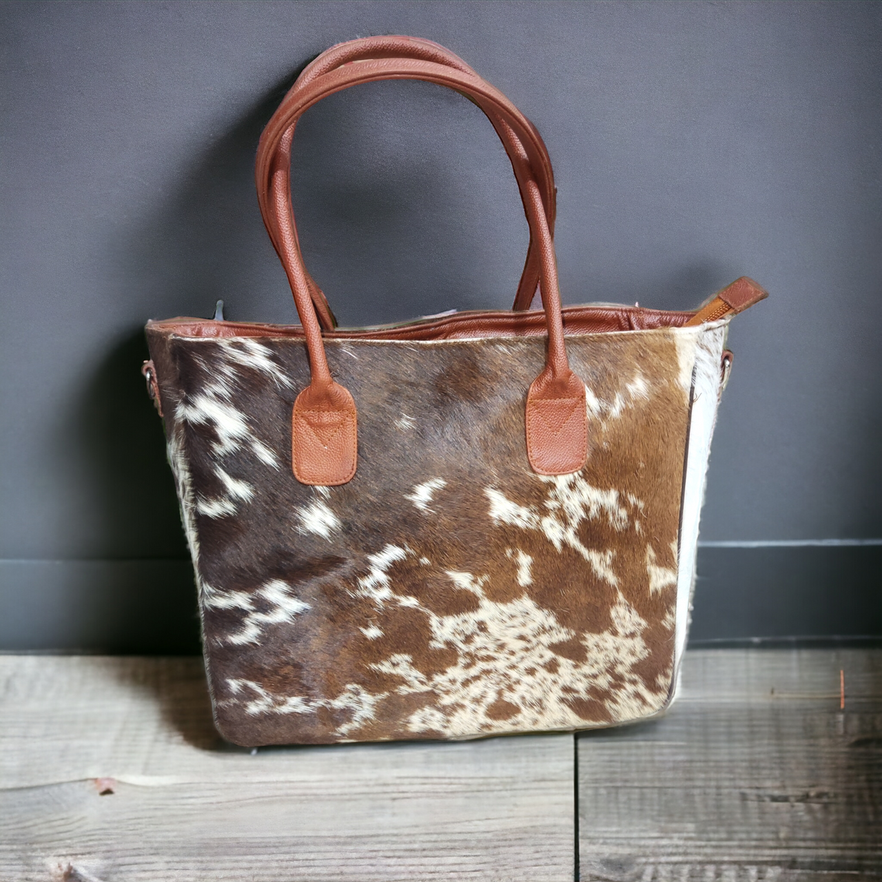 Cowhide Handbag Brown White