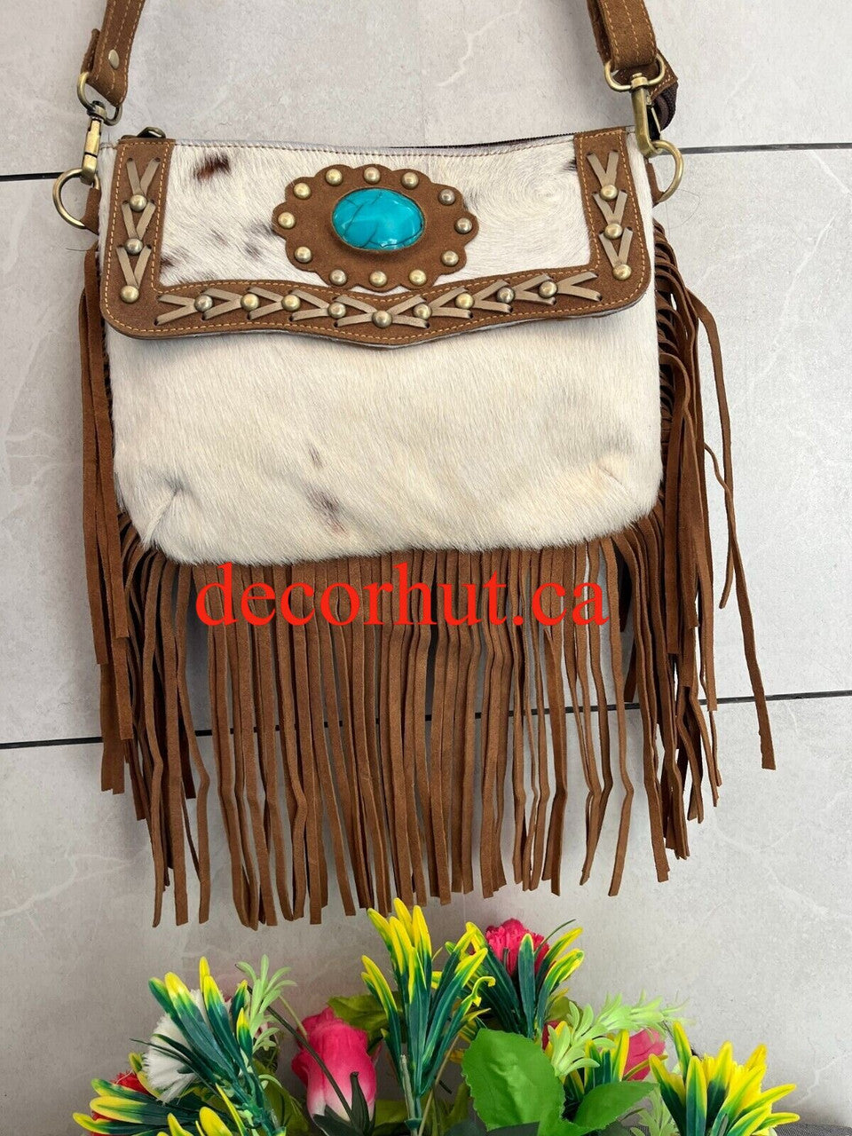 Cowhide Tooled Bag Brown White
