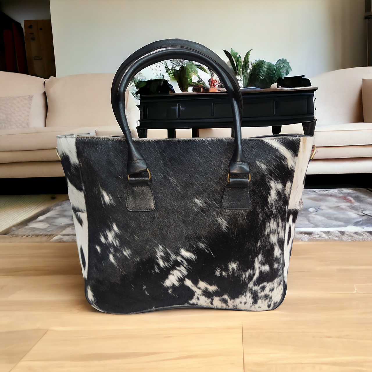 Black White Cowhide Shoulder Handbag