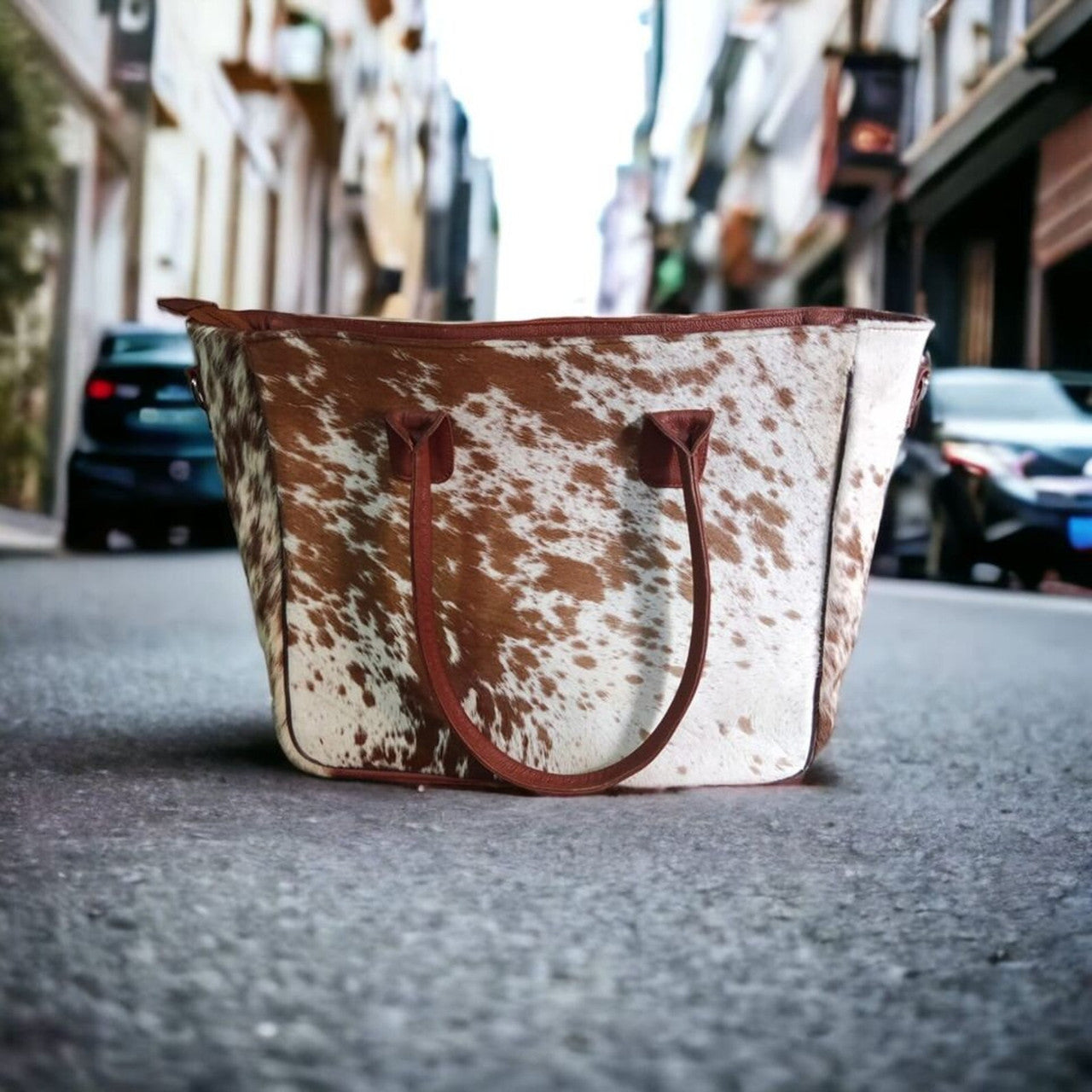 Brown Genuine Cowhide Tote Bag