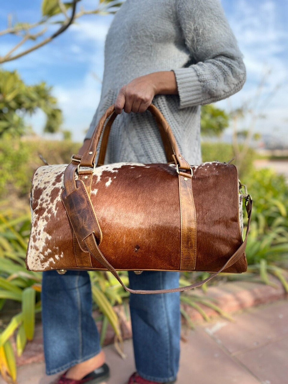 Cowhide Duffle Bag Brown White