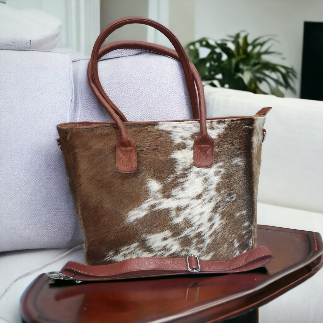 Brown White Real Cowhide Tote Bag