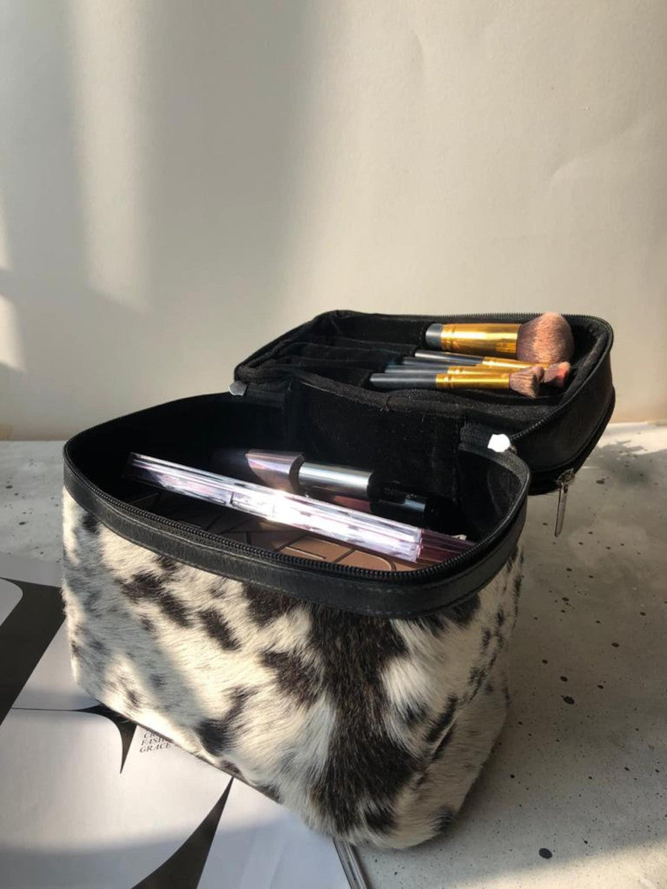 Cowhide Black White Makeup Travel Bag