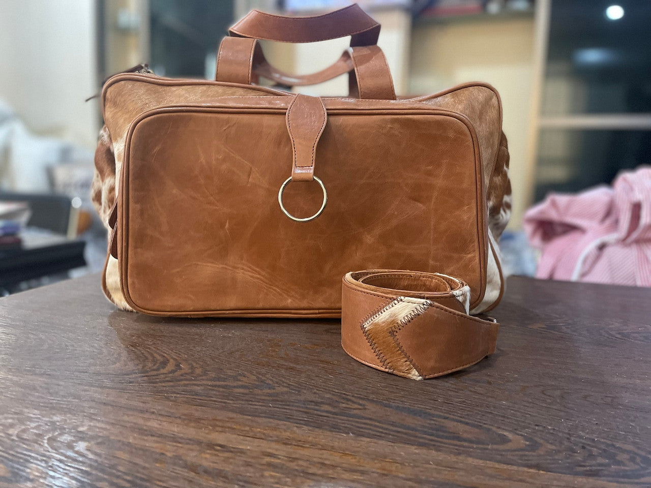 Light Brown Cowhide Nappy Duffle Bag