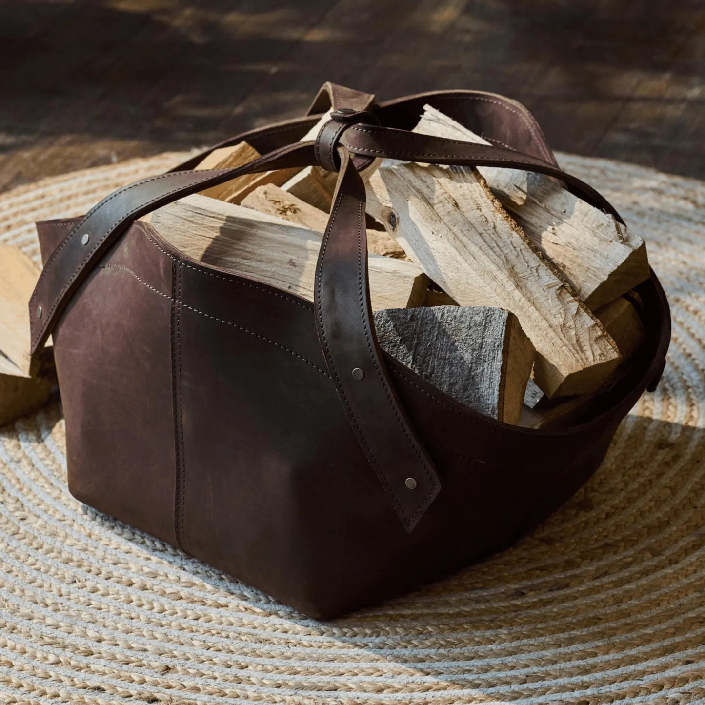 Leather Wood Carrier Log Basket