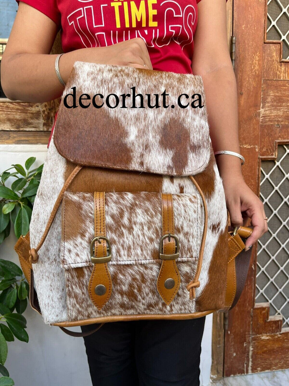 Exotic Cowhide Backpack Brown White