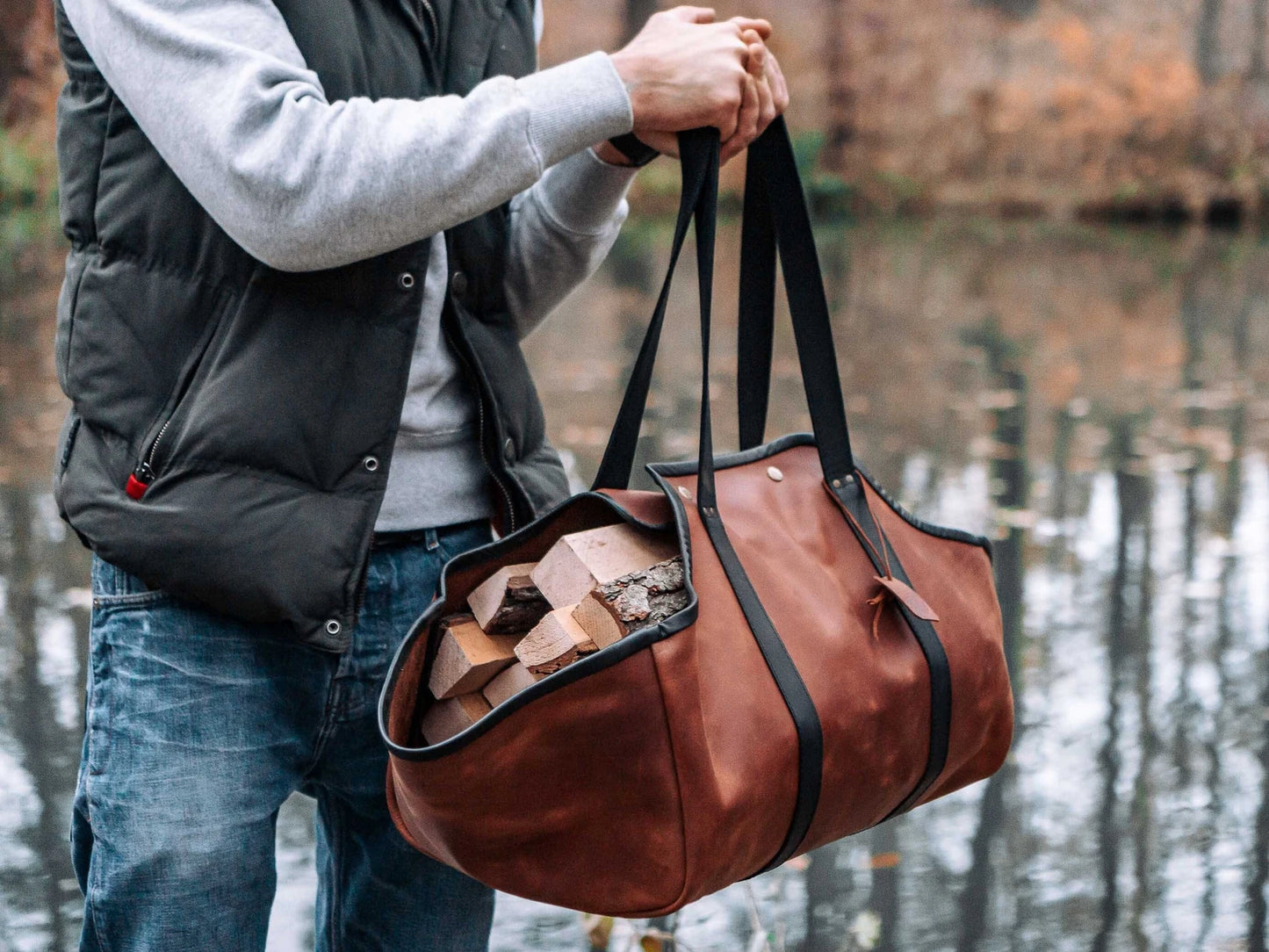 Genuine leather log carrier firewood bag