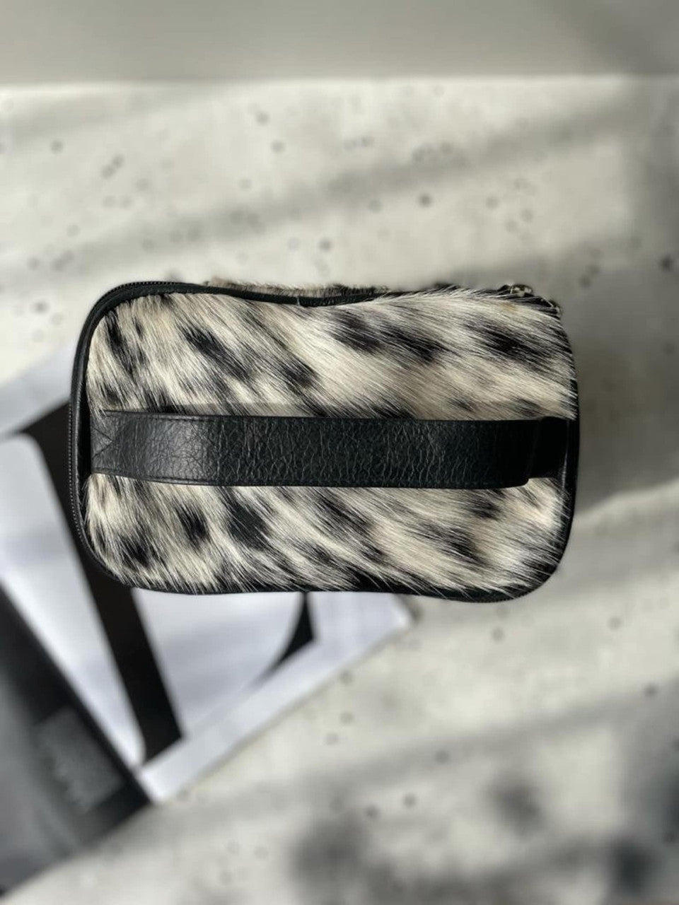 Cowhide Black White Makeup Travel Bag