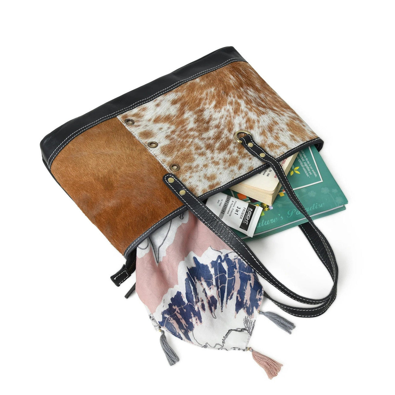Large Brown White Cowhide Tote Bag