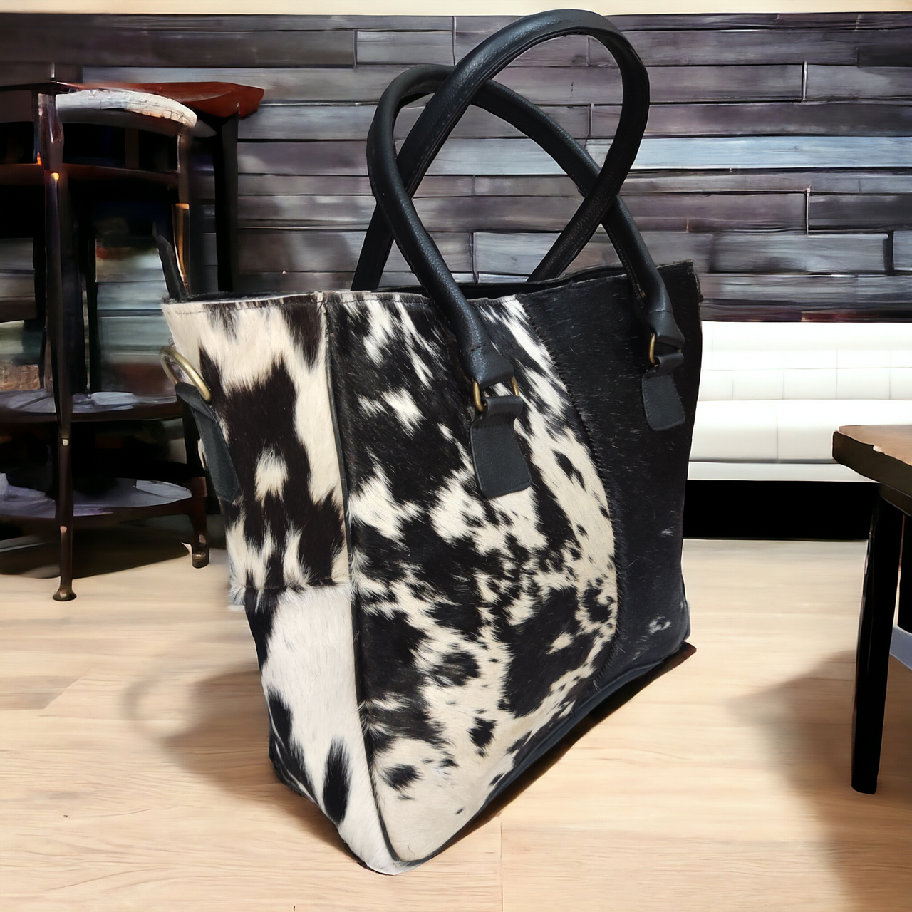 Black White Cowhide Shoulder Handbag