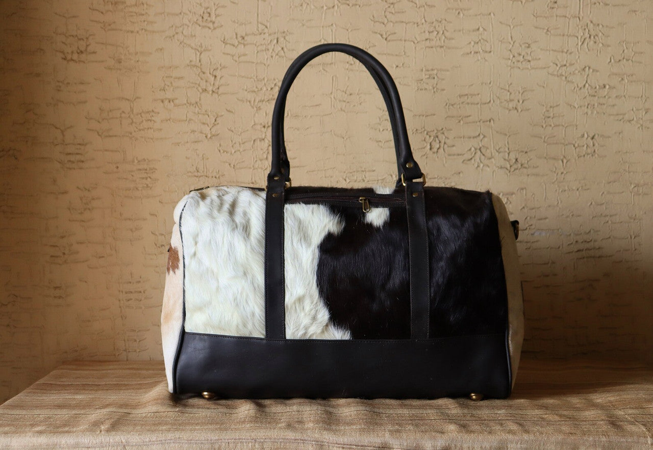 Black White Cowhide Travel Duffle Bag