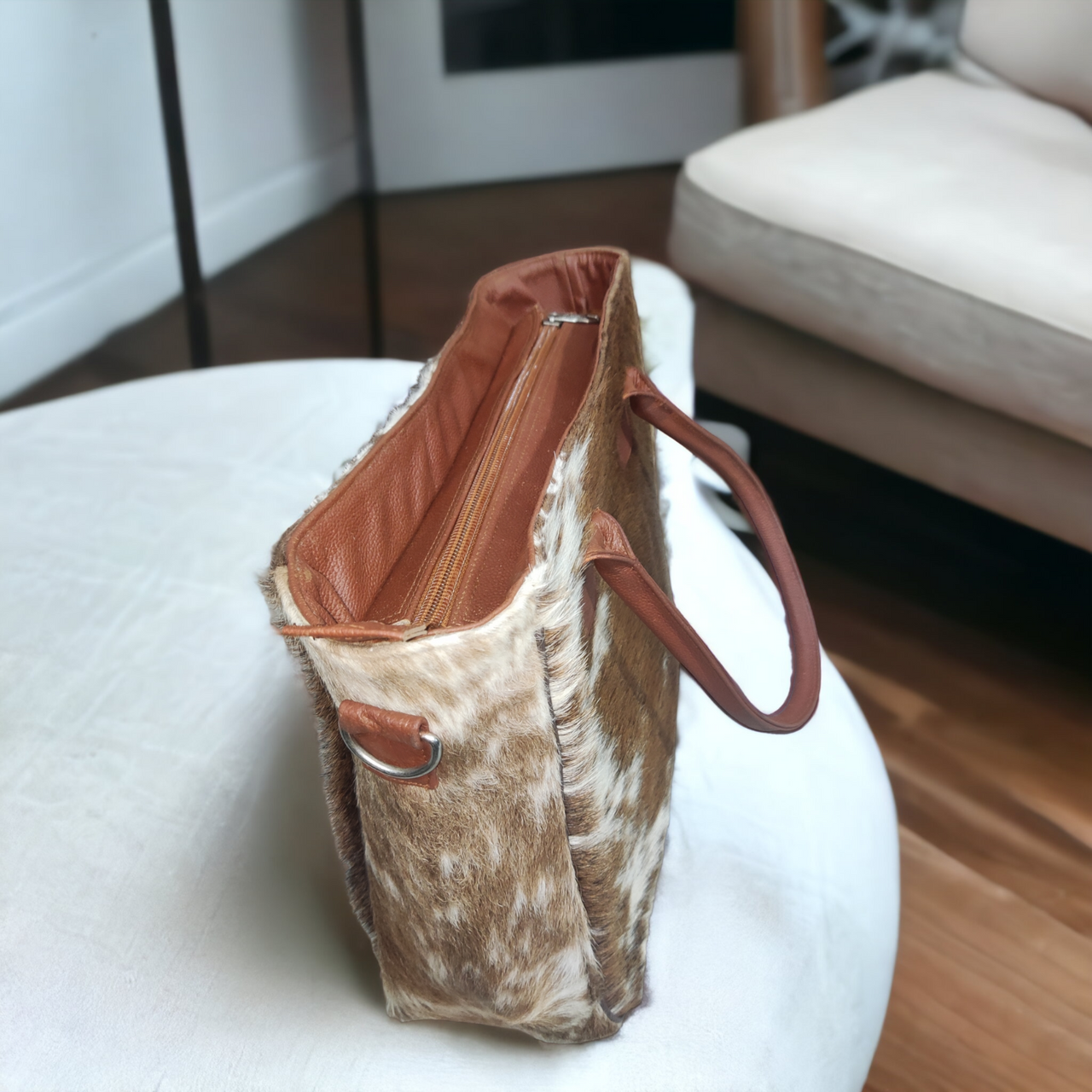 Brown White Real Cowhide Tote Bag
