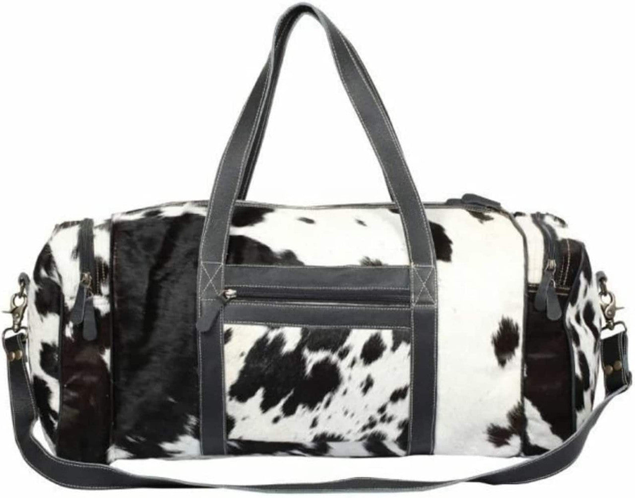 Large Real Cowhide Duffel Bag Black White