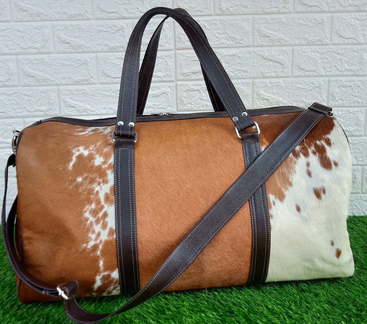 Real Cowhide Duffel Bag Brown White
