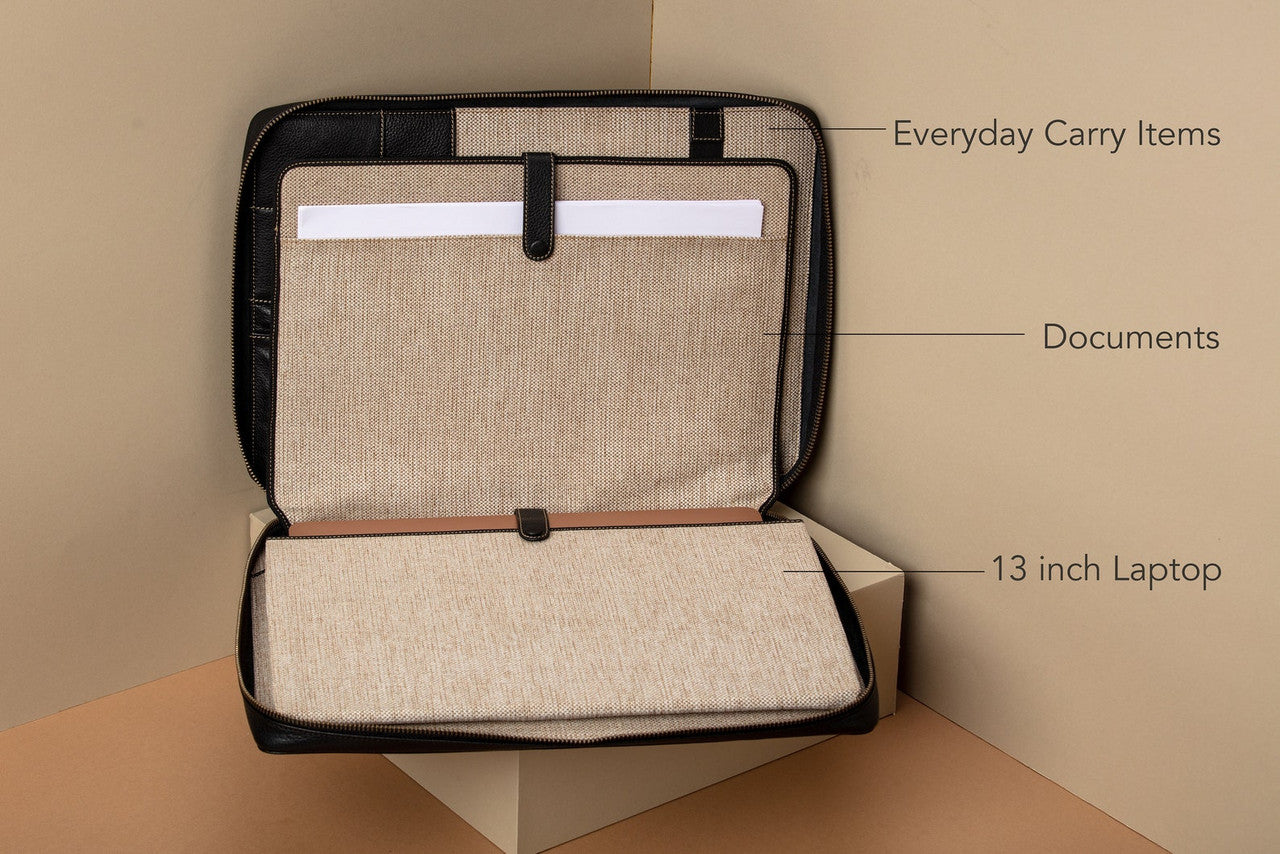 Leather portfolio case for laptop zippered