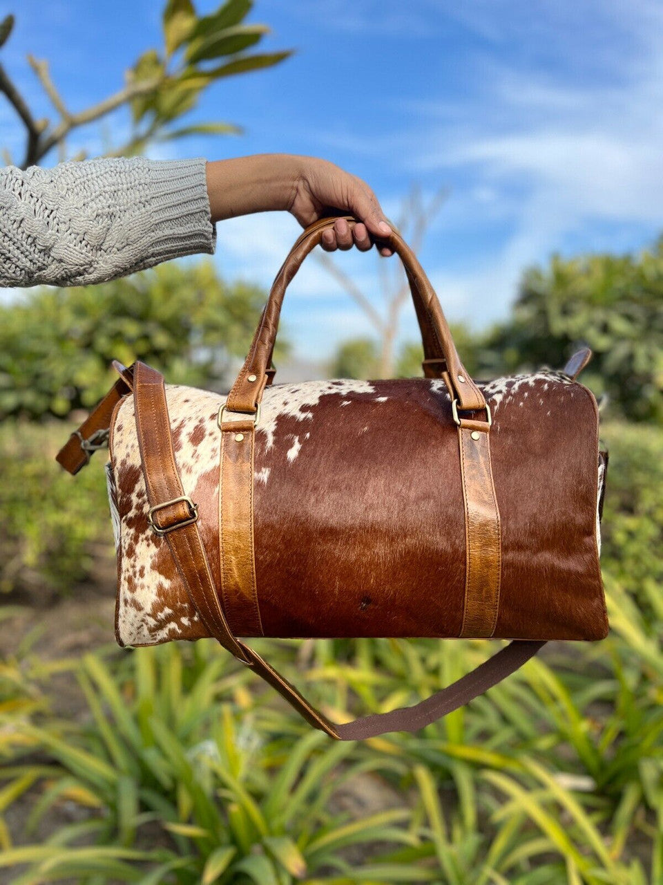 Cowhide Duffle Bag Brown White