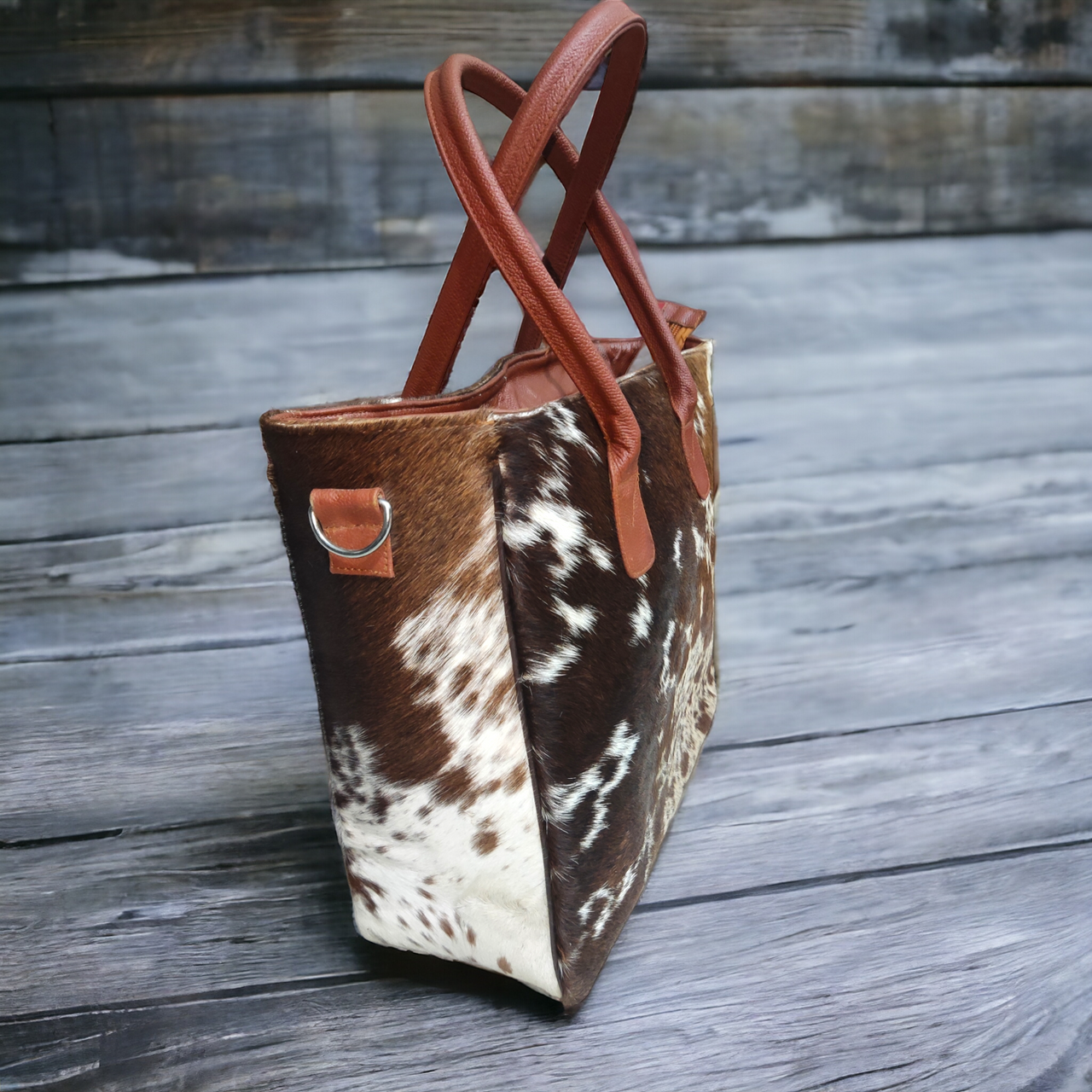 Cowhide Handbag Brown White