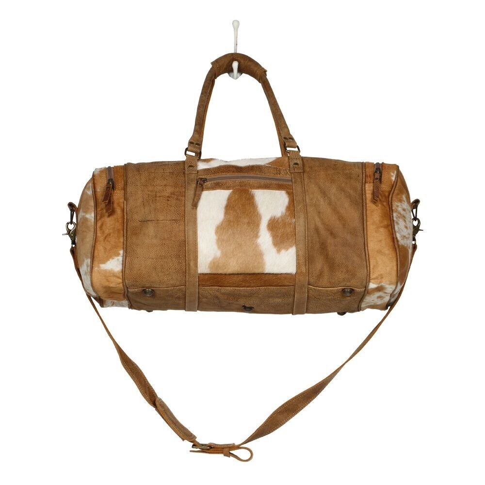 Large Brown White Cowhide Duffle Bag