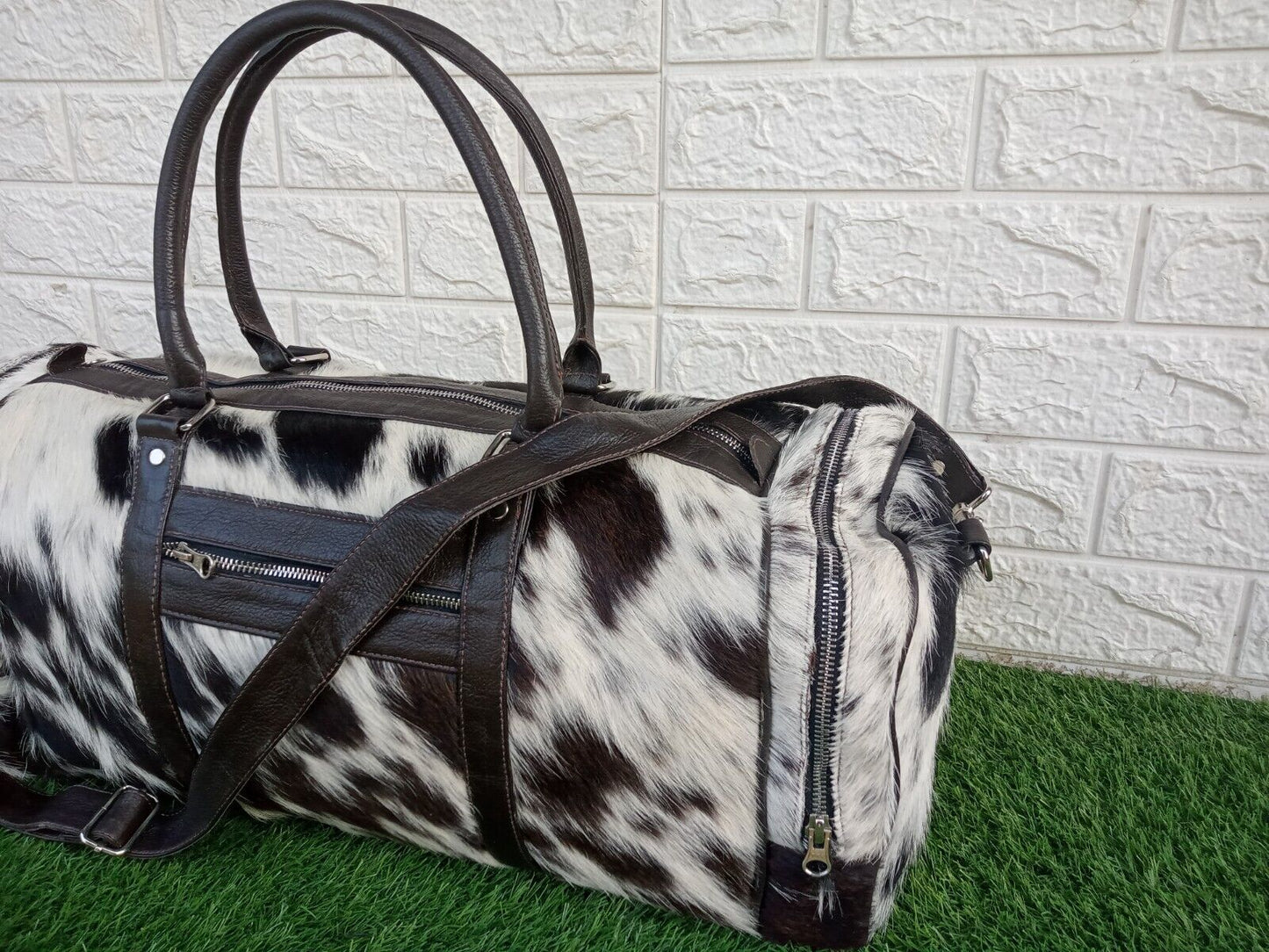 Black White Cowhide Weekender Holdall Bag