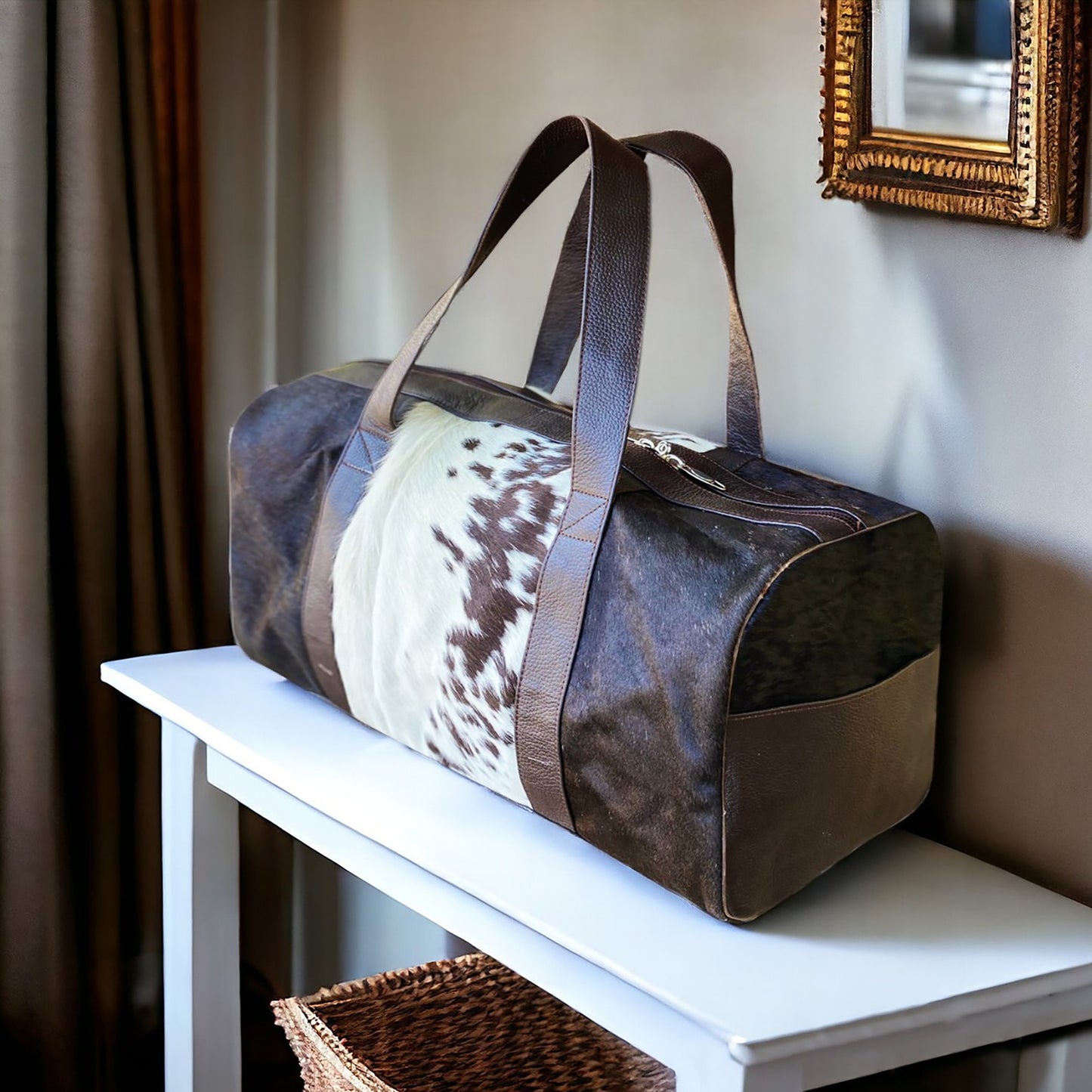 Cowhide Duffle Bag Dark Brown Black White