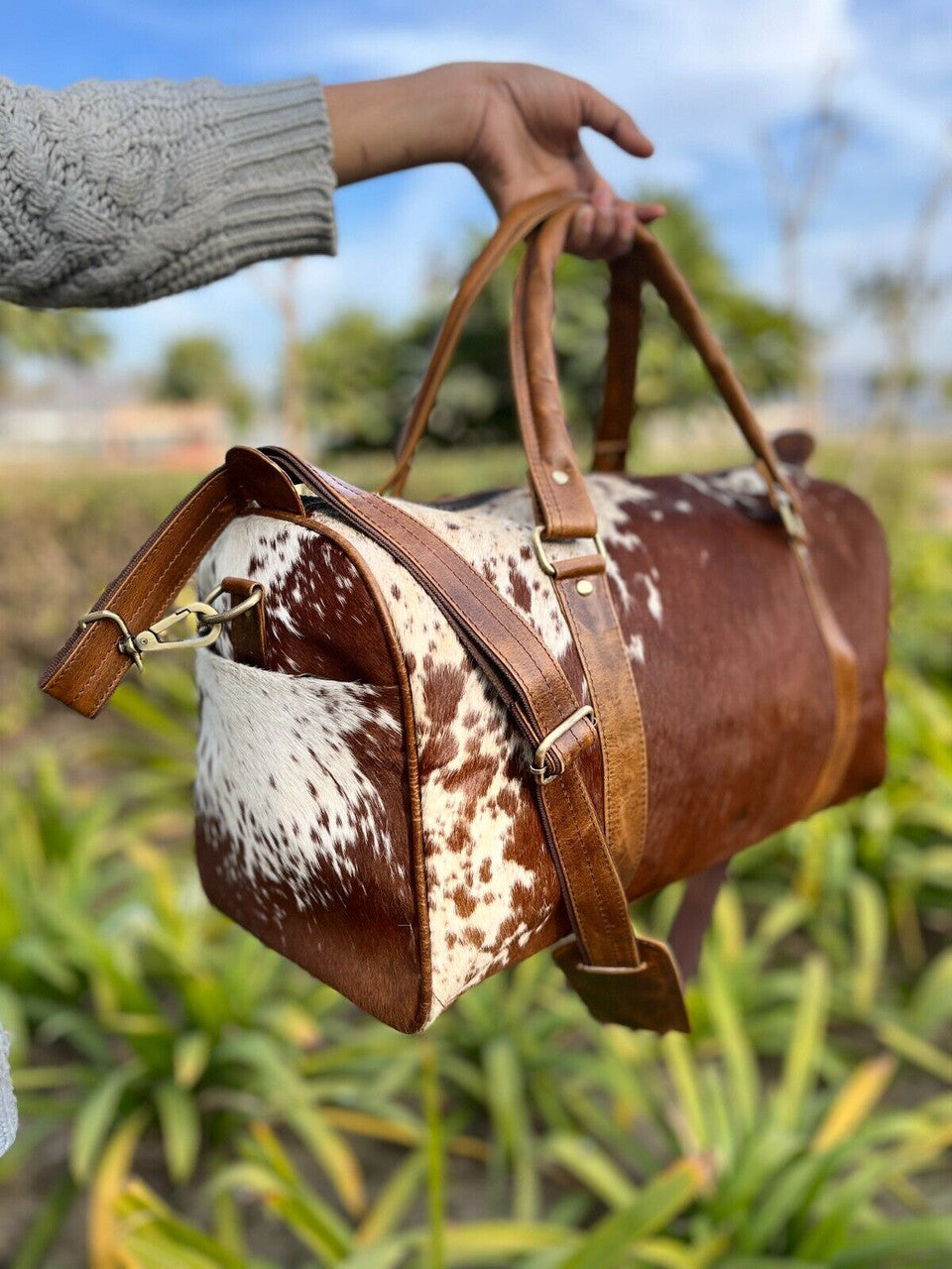 Cowhide Duffle Bag Brown White