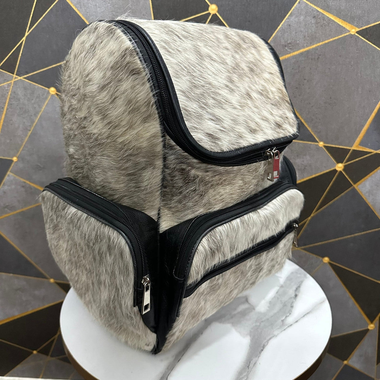 Grey Black Cowhide Backpack