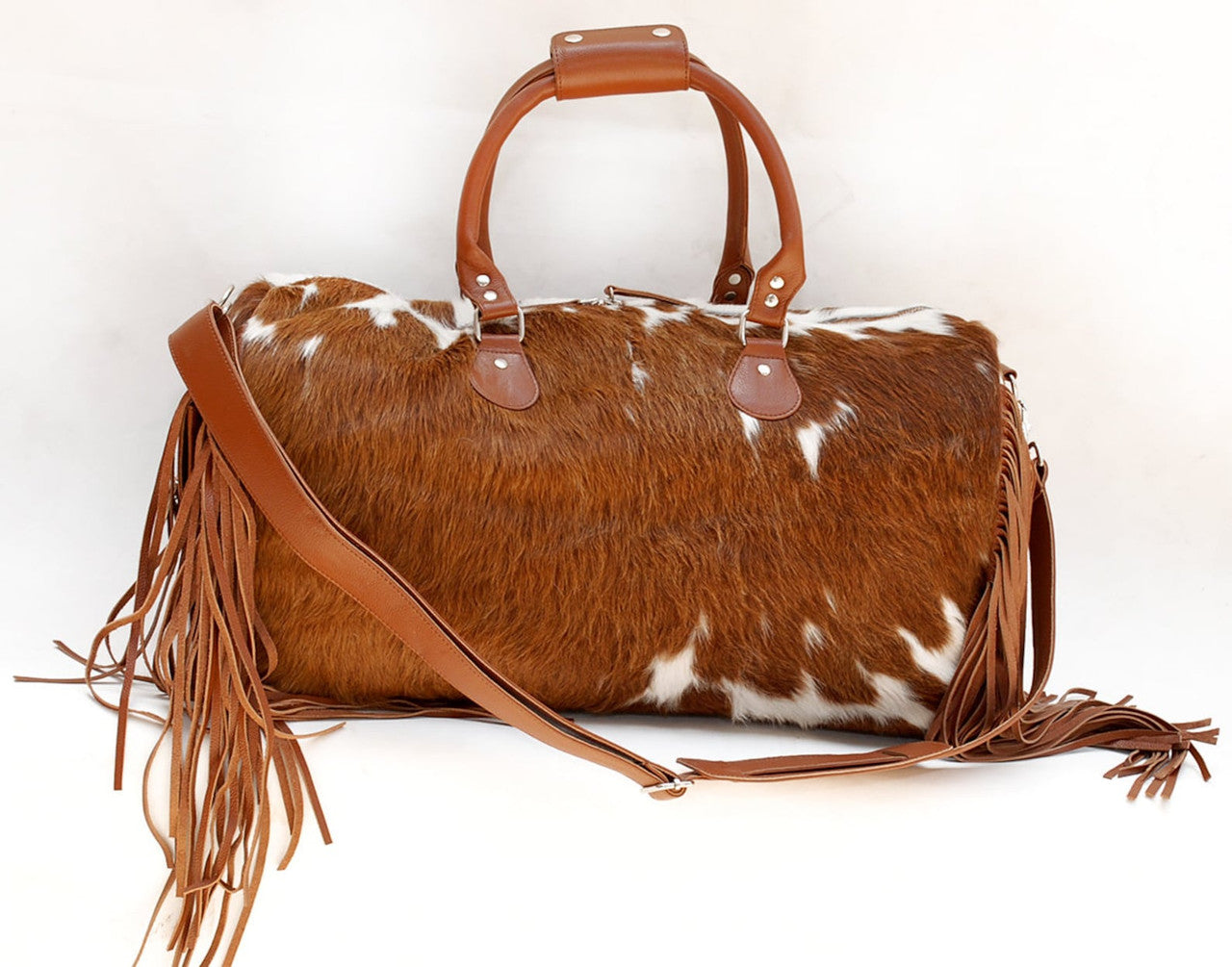 Brown White Cowhide Travel Duffle Bag