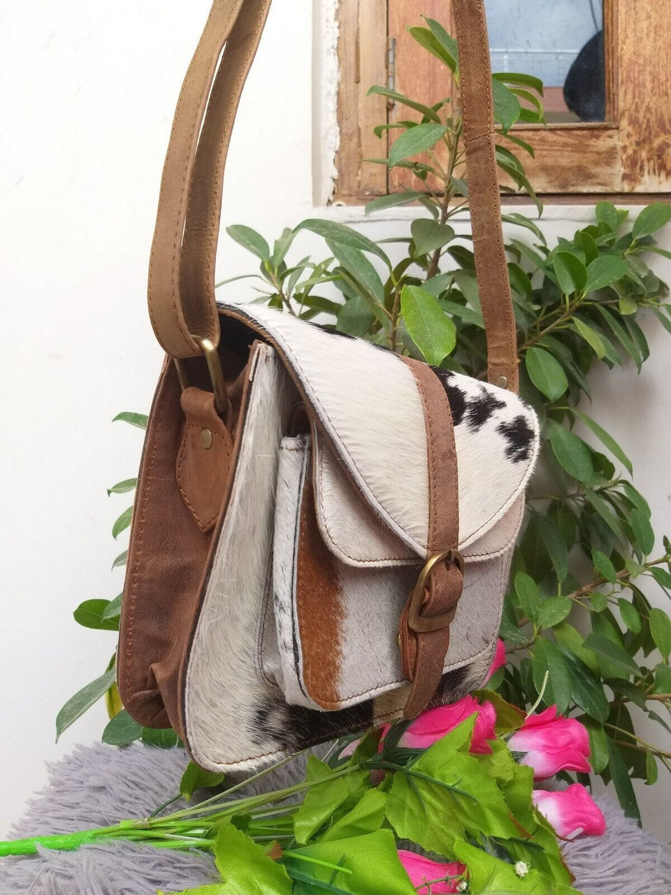 Black White Cowhide Crossbody Bag