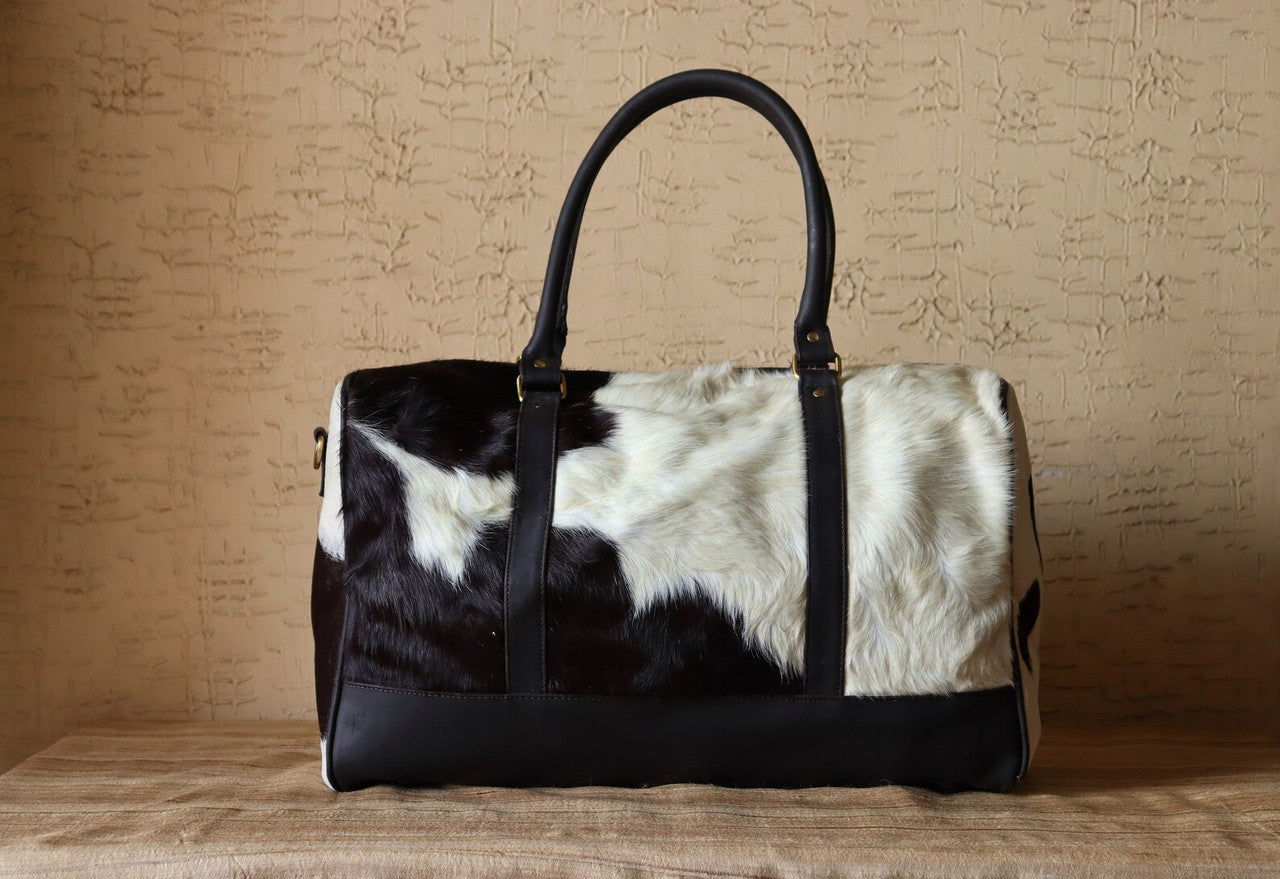 Black White Cowhide Travel Duffle Bag