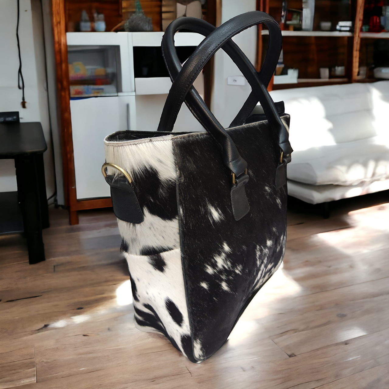 Black White Cowhide Shoulder Handbag