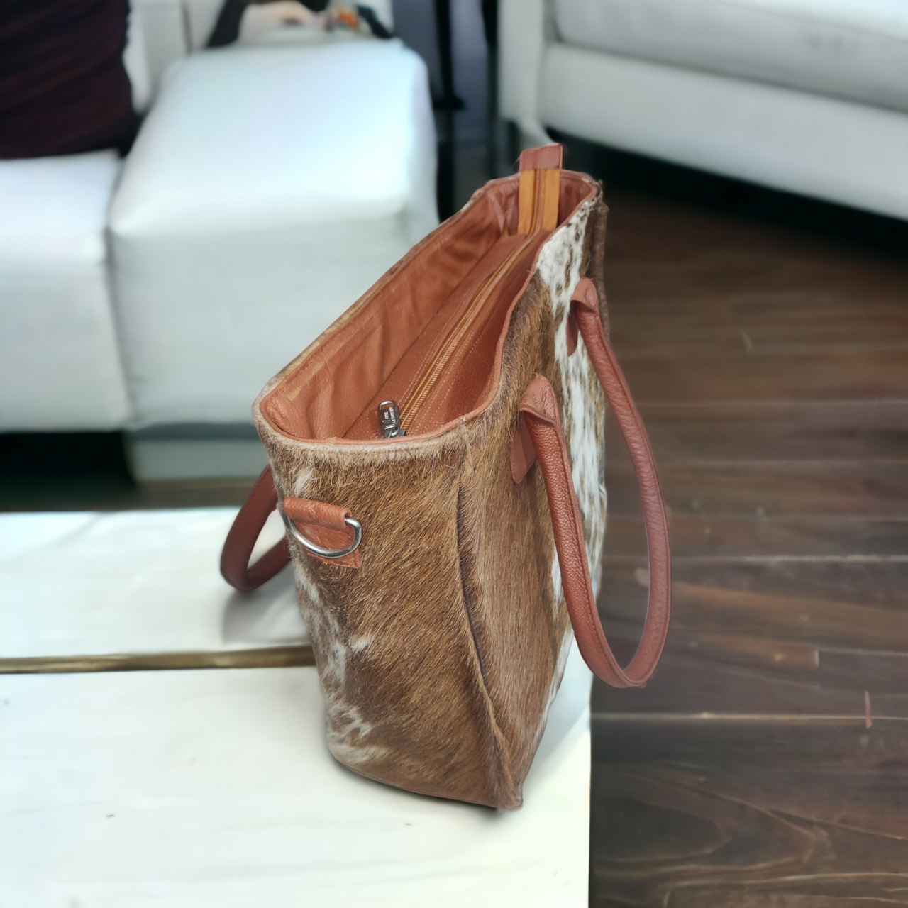 Brown White Real Cowhide Tote Bag
