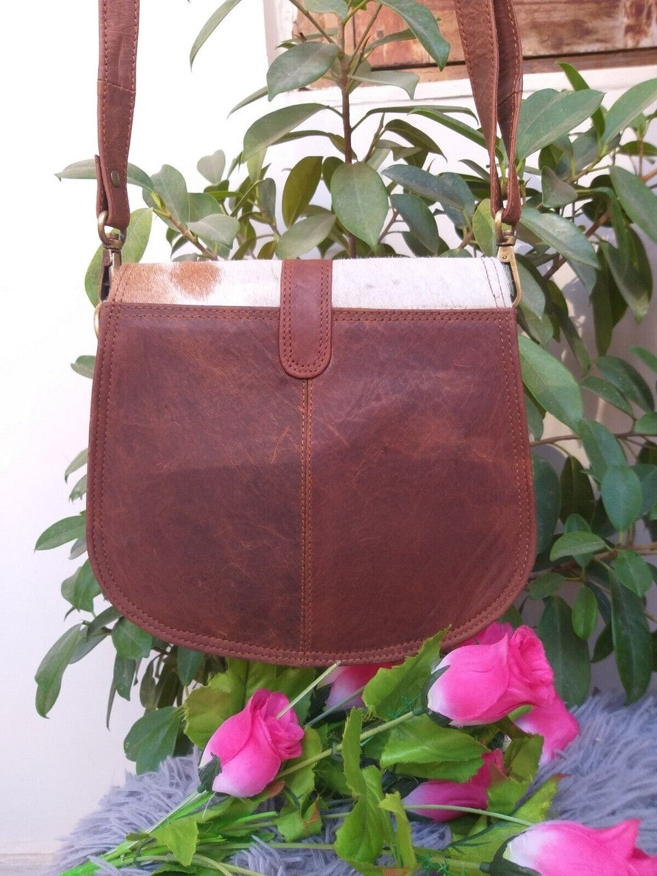 Cowhide Crossbody Bag Brown White