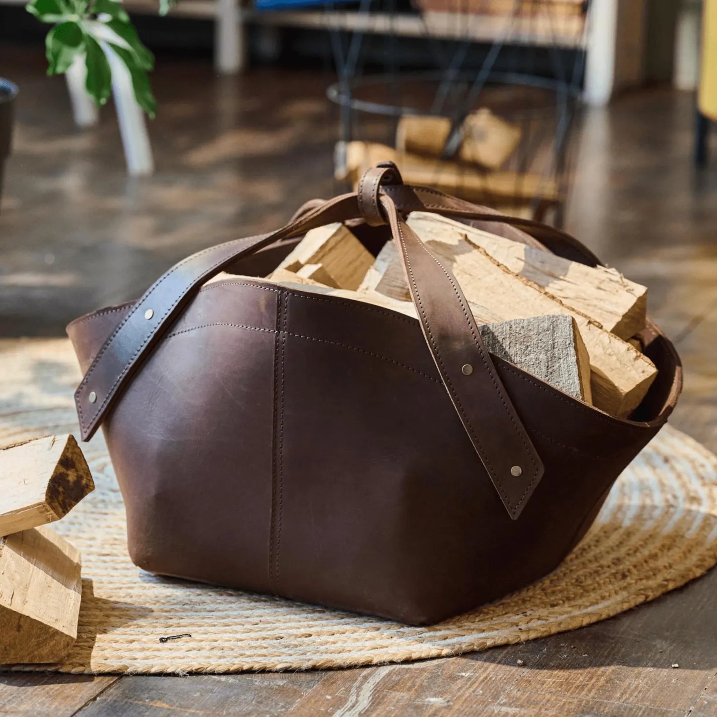 Leather Wood Carrier Log Basket