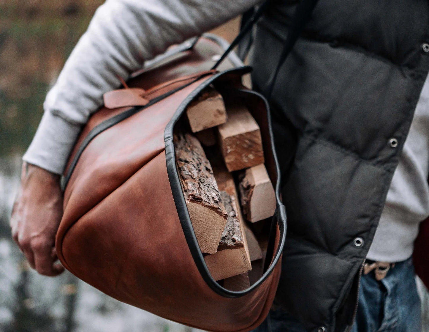 Genuine leather log carrier firewood bag