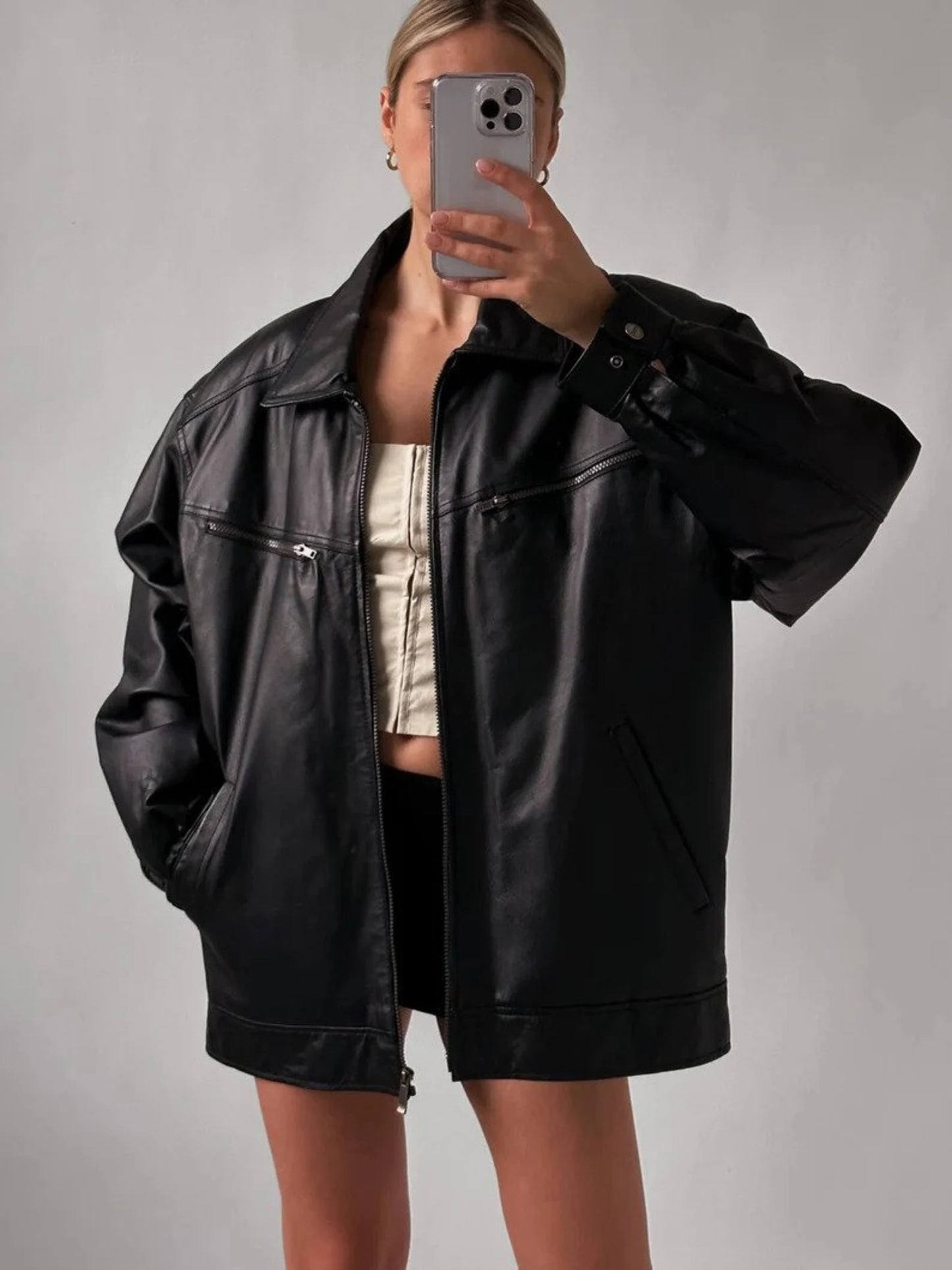 women black leather oversized jackets
