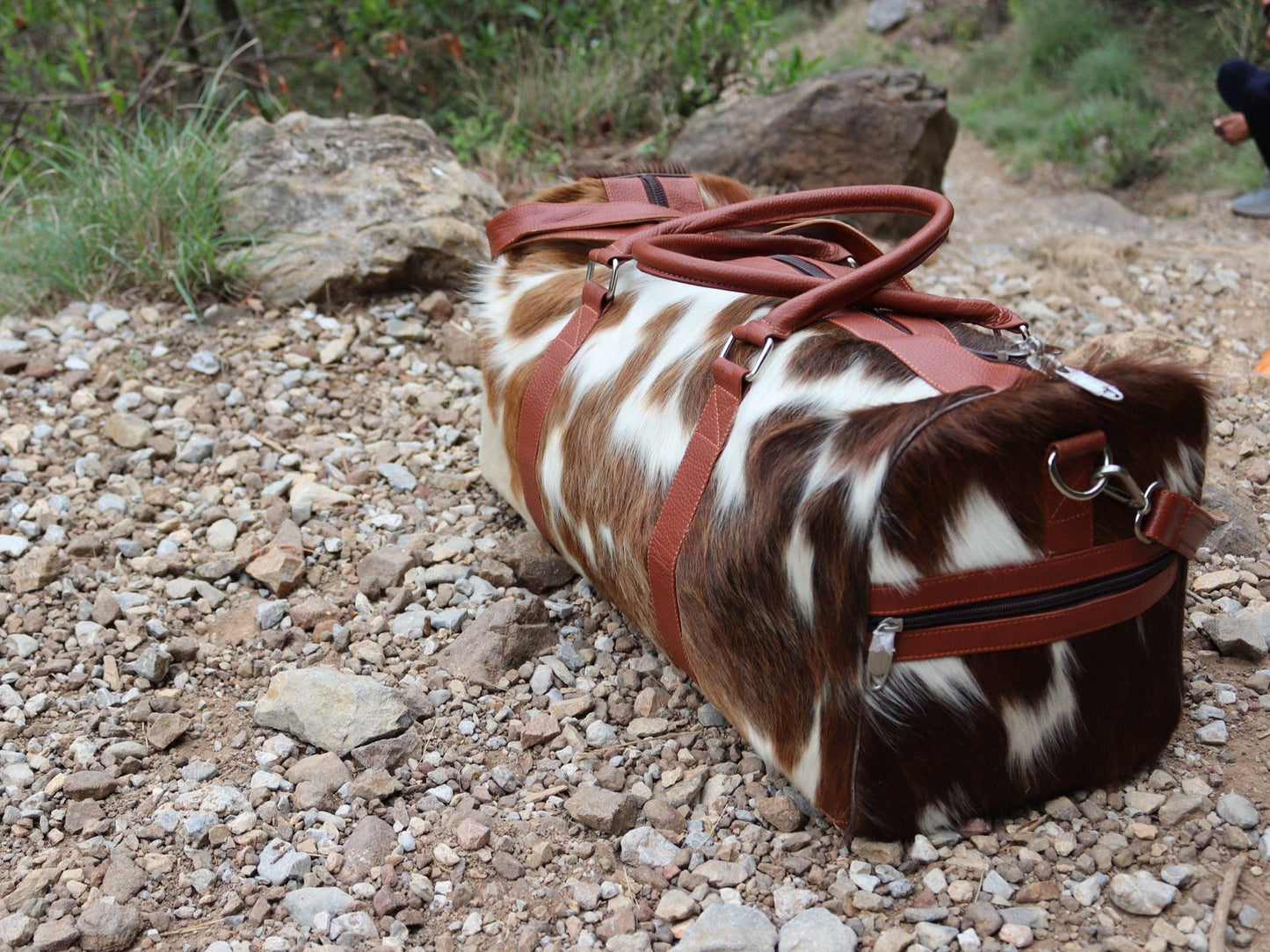 Brown White Cowhide Duffle Bag