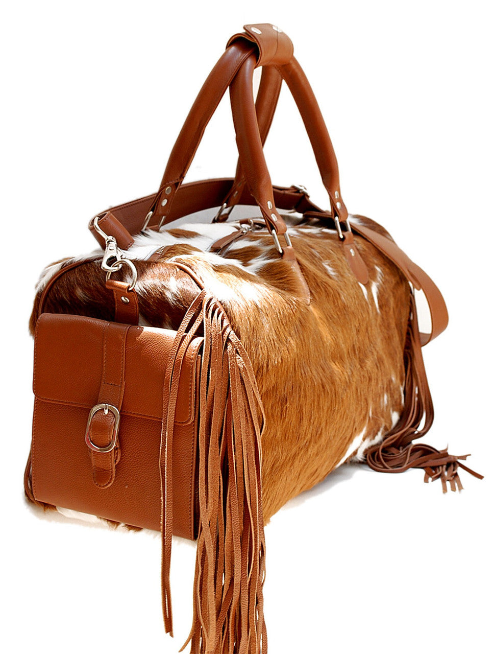Brown White Cowhide Travel Duffle Bag
