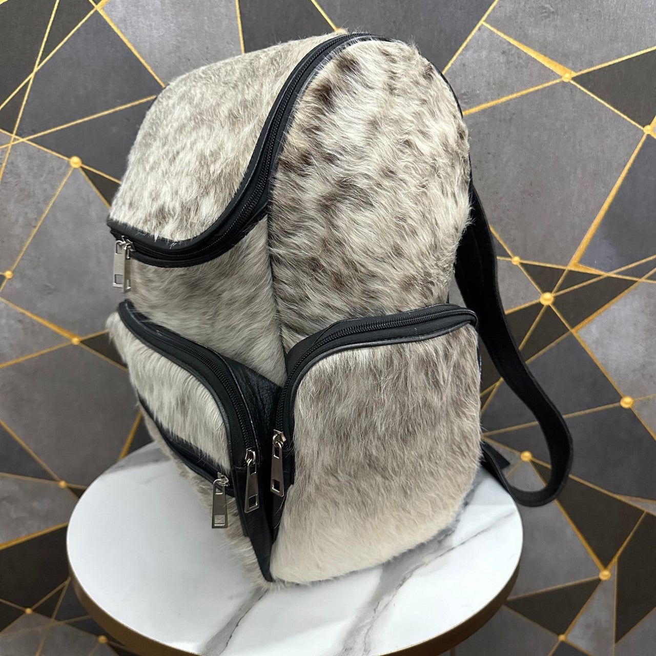 Grey Black Cowhide Backpack