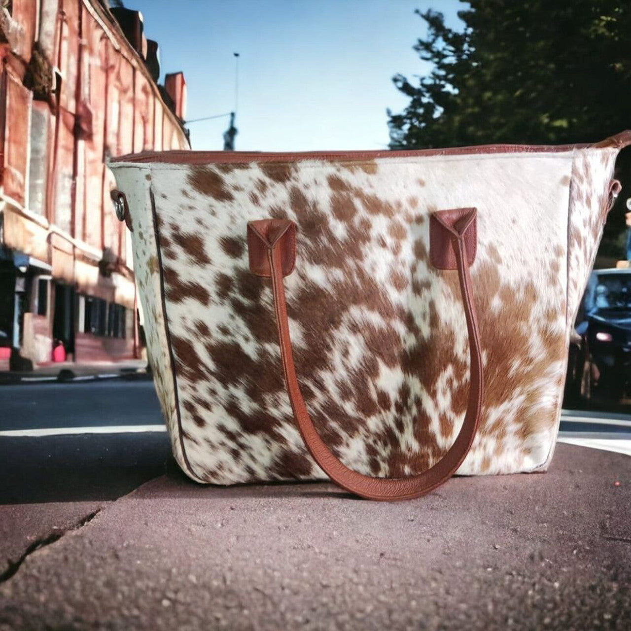 Brown Genuine Cowhide Tote Bag