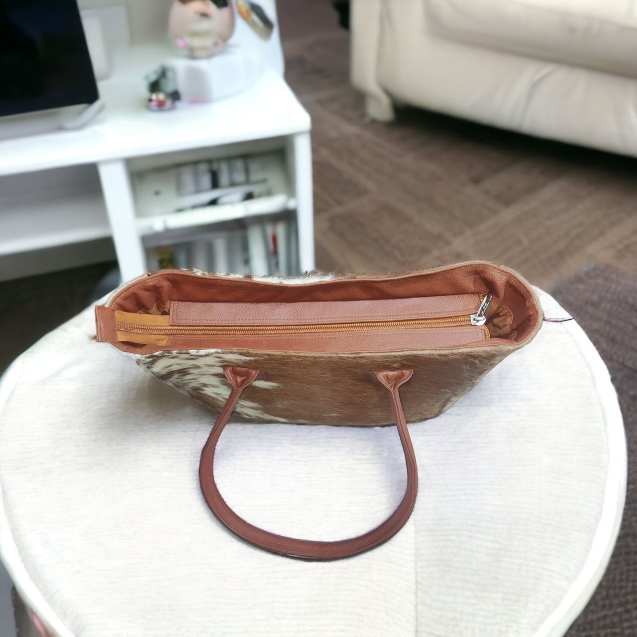 Brown White Real Cowhide Tote Bag