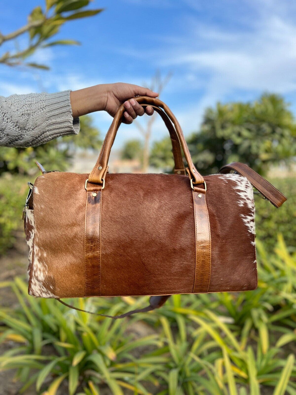 Cowhide Duffle Bag Brown White