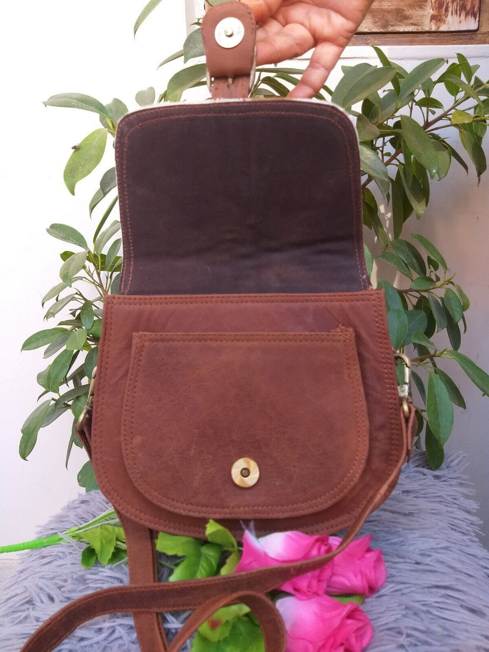 Cowhide Crossbody Bag Brown White