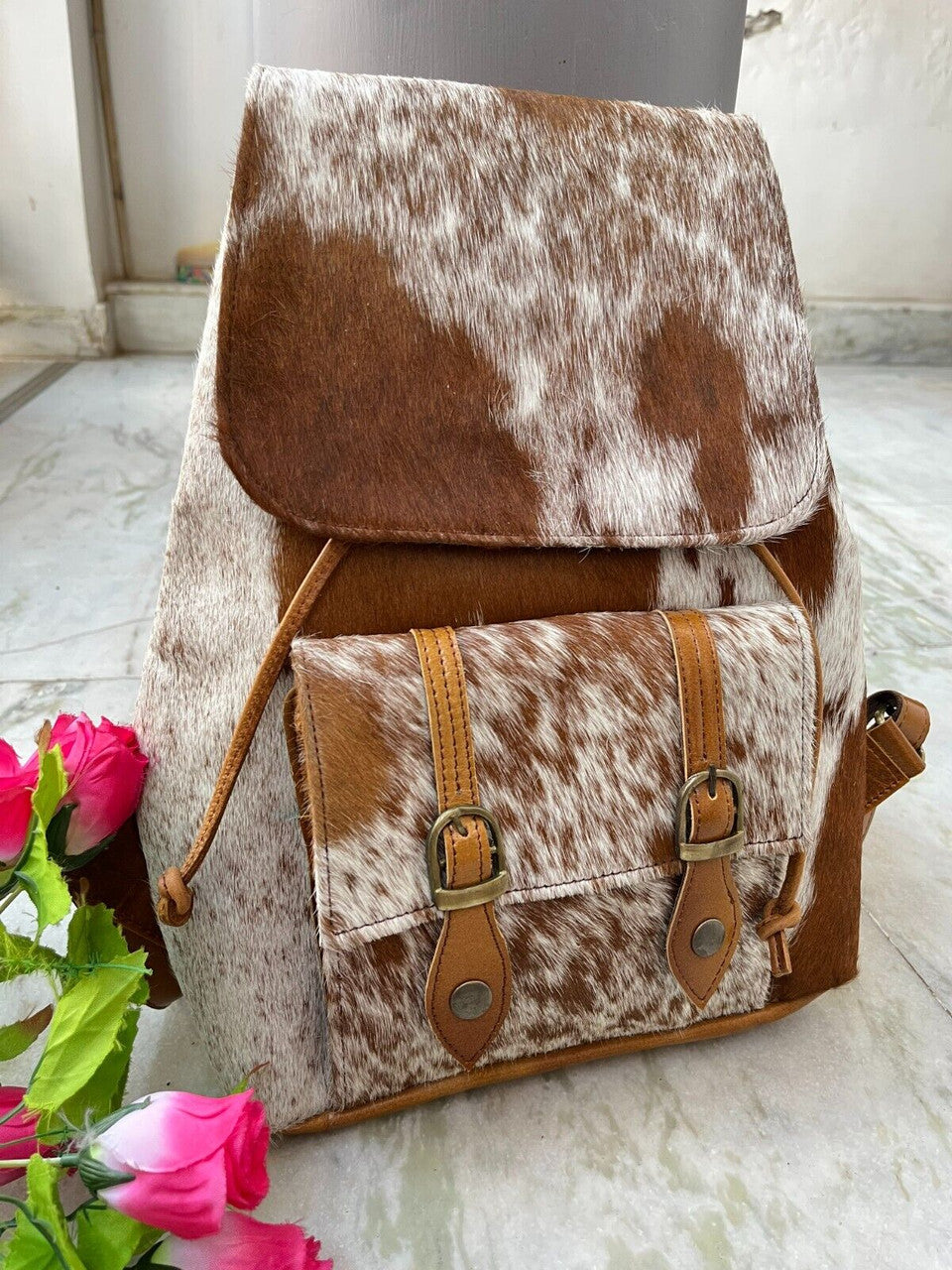 Exotic Cowhide Backpack Brown White