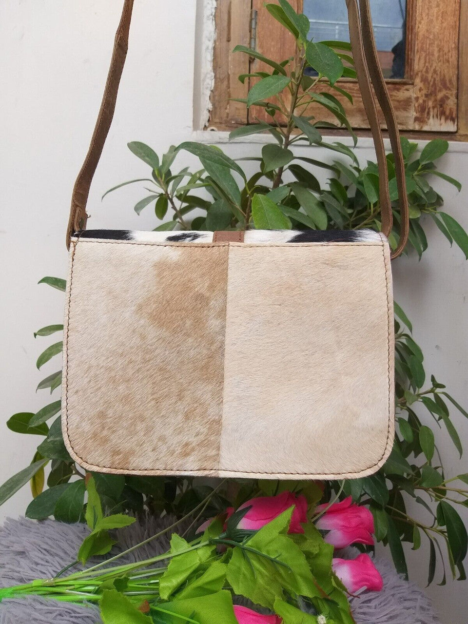 Black White Cowhide Crossbody Bag