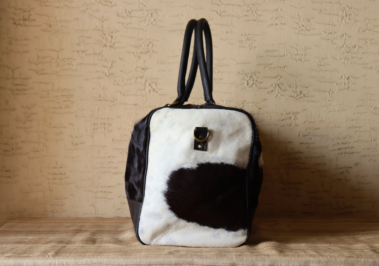 Black White Cowhide Travel Duffle Bag