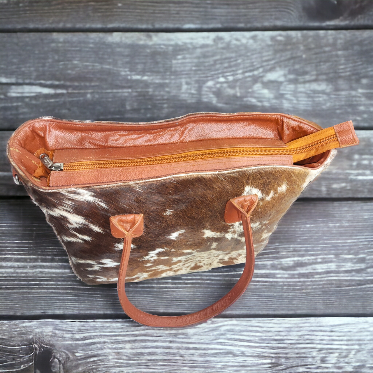 Cowhide Handbag Brown White